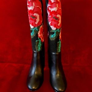 Brand New Nanette Lepore Black Leather and Floral Knitted Boots in Size 9